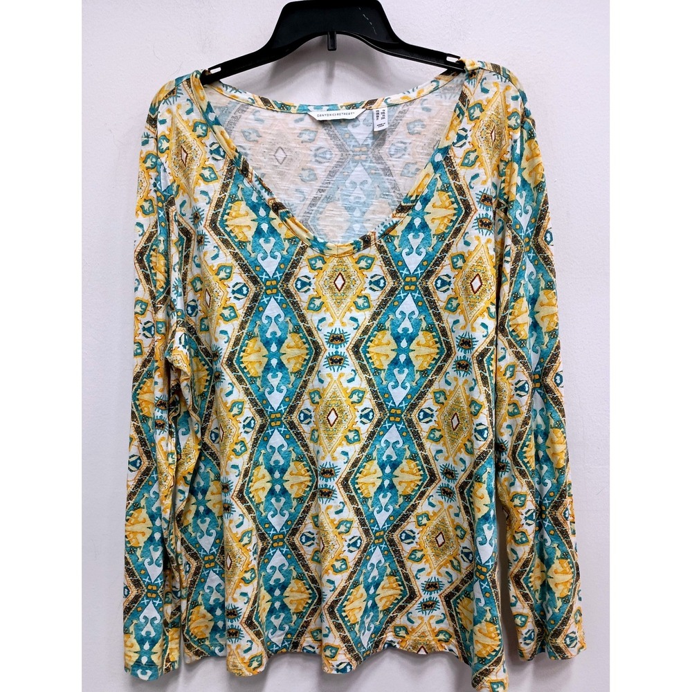 Canyon Retreat Long Sleeve Top Womens 1X Yellow Blue Southwestern BOHO Casual